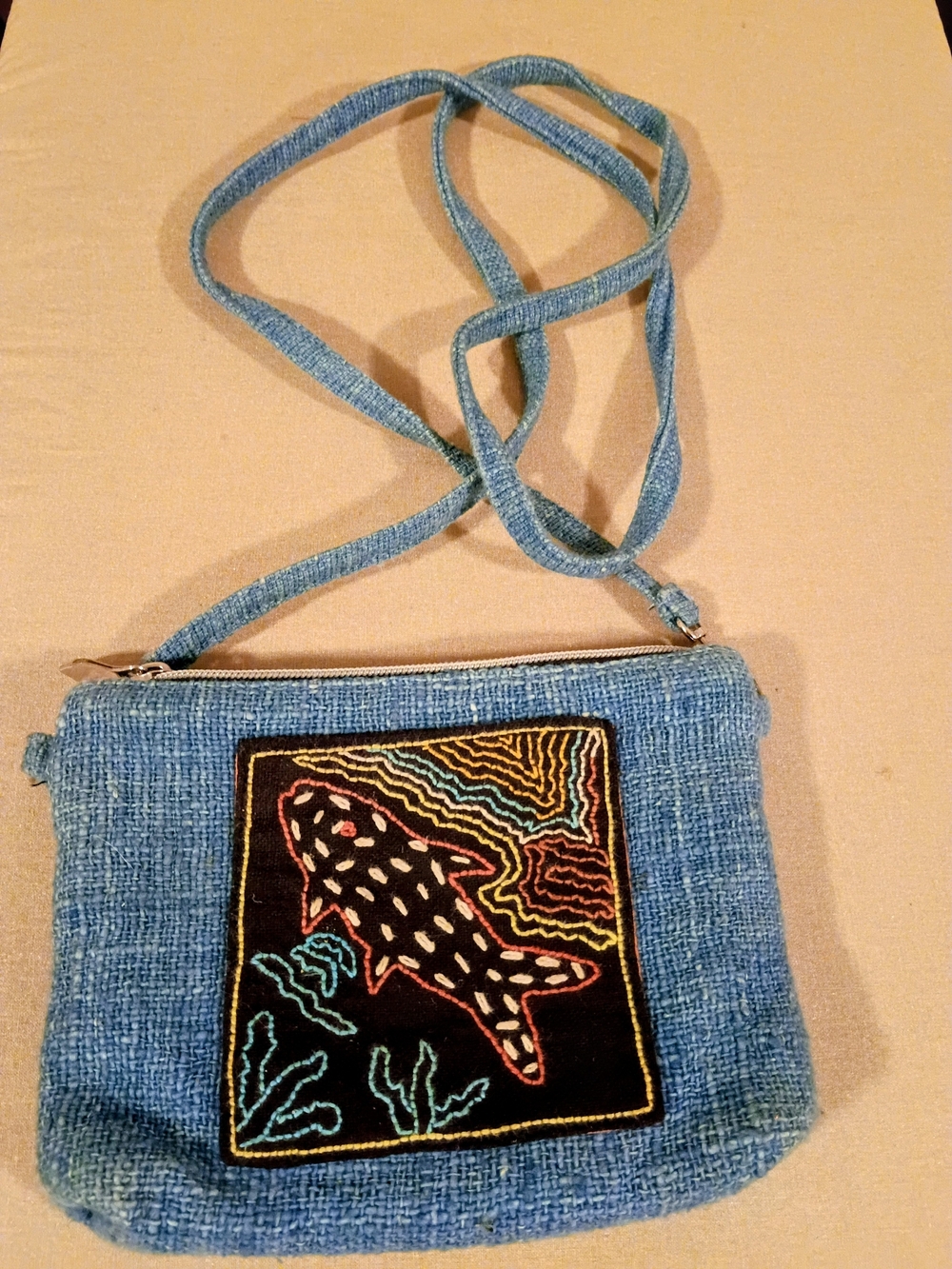 Blue Embroidered Whale Denim Crossbody Bag